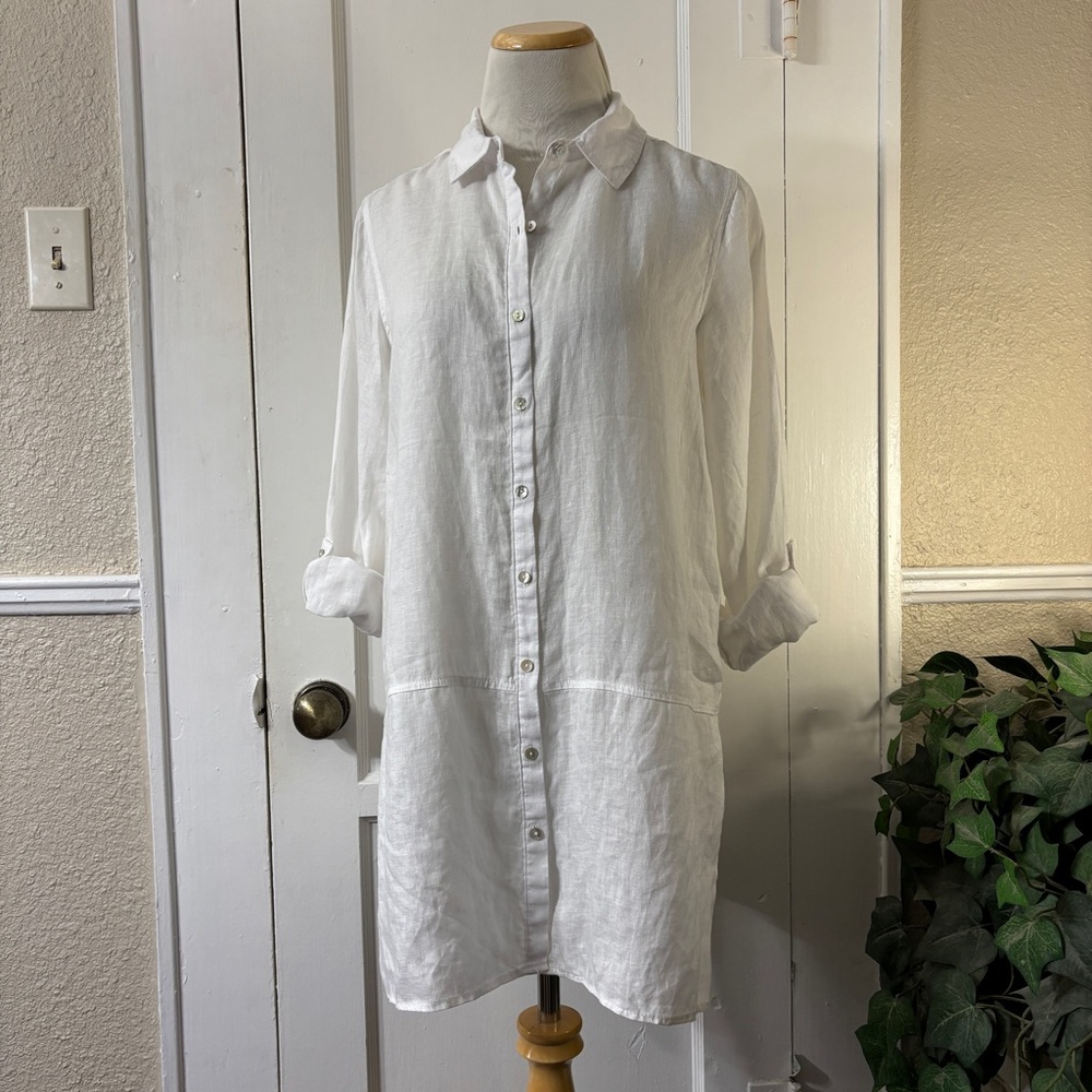 TAHARI 100% Linen White Button Down Shirt - Picture 4 of 14
